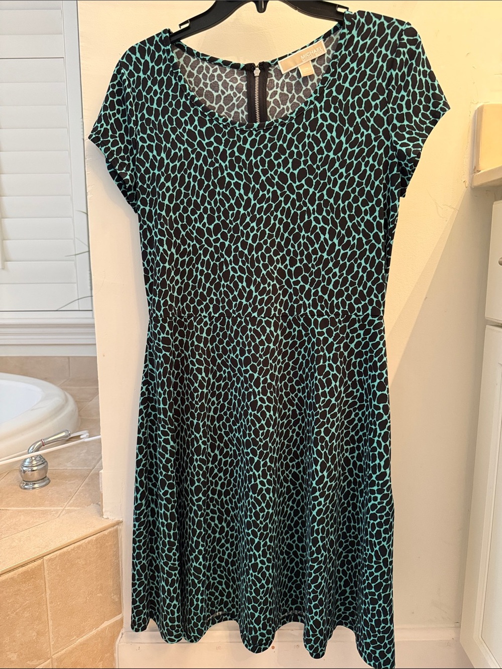 Michael Kors Black and Teal Short-Sleeve Fit & Flare Dress
